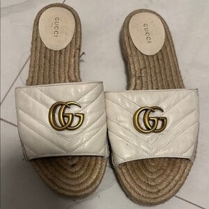 Gucci White Quilted Slide Sandals with Gold Double G